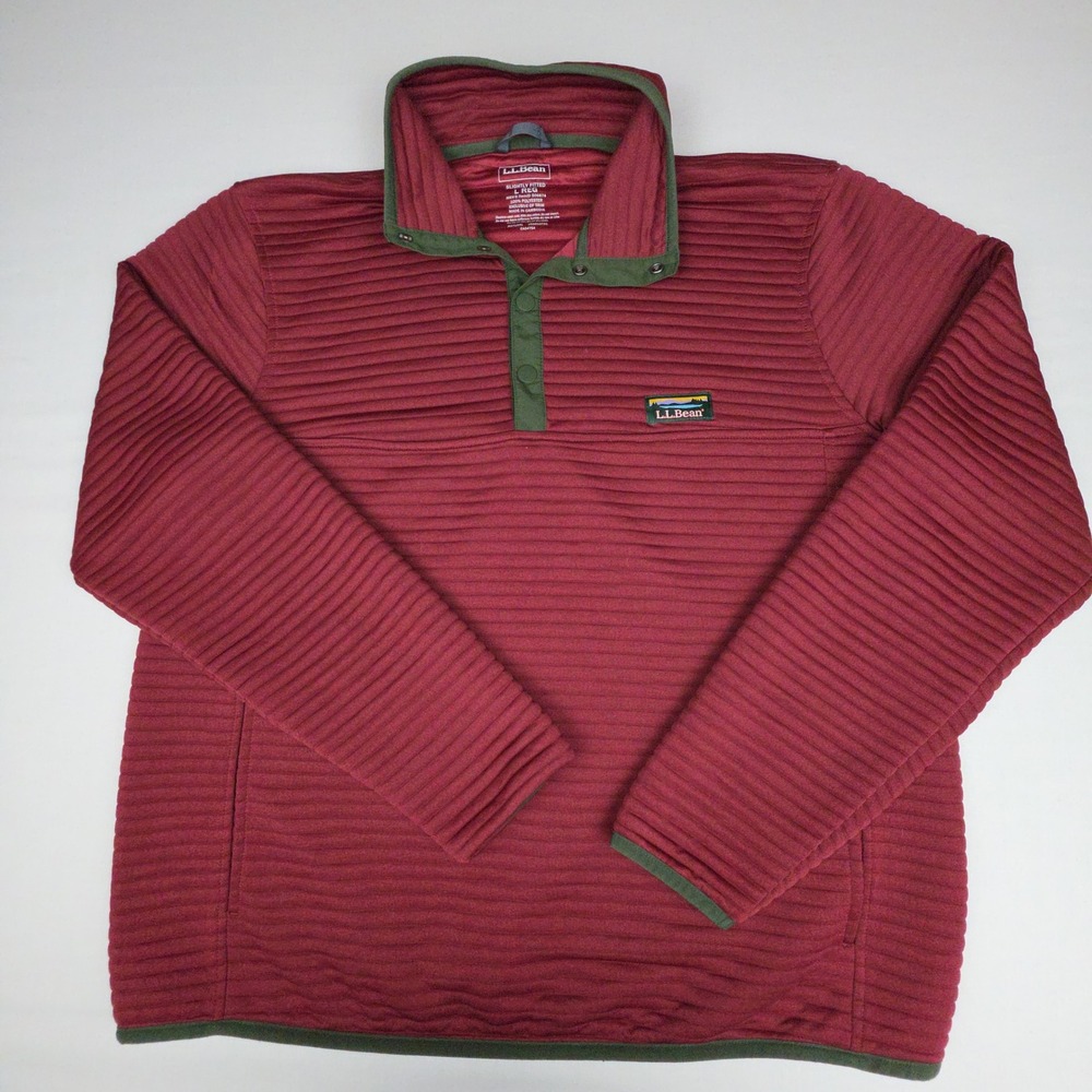 LL Bean Airlight Knit Pullover Mens Large Red Quilted Snap Neck Polyester 506874